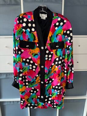 Vtg Rickie Freeman for Terijon Vibrant Polka Dot Black Print Jacket Tunic 16